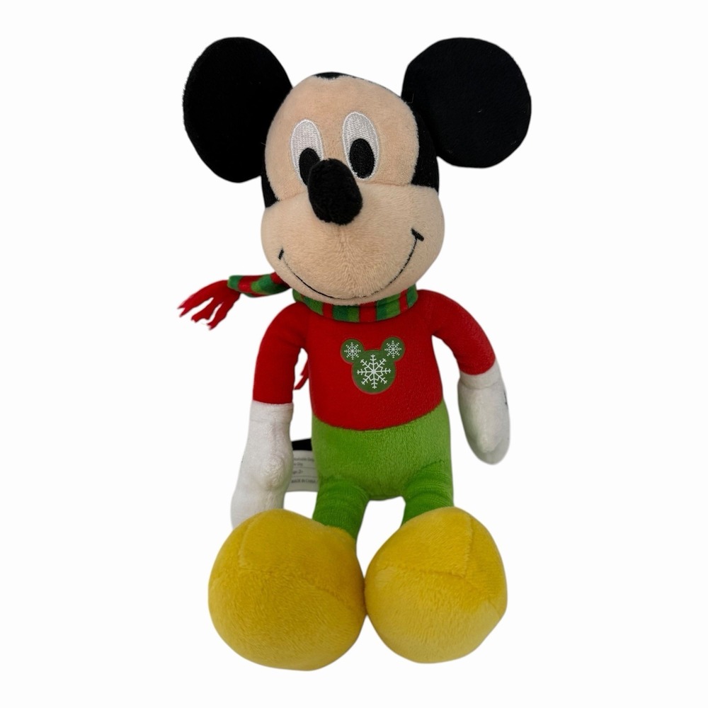 Disney Mickey Mouse Christmas Holiday Plush Red Sweater Green Scarf 9 Inch